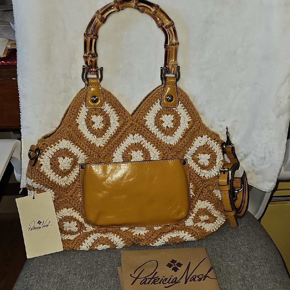 Patricia Nash Mustard and White Crochet Crossbody/Tote - Picture 7 of 10